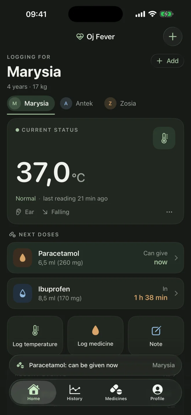 Oh Fever home screen in dark mode