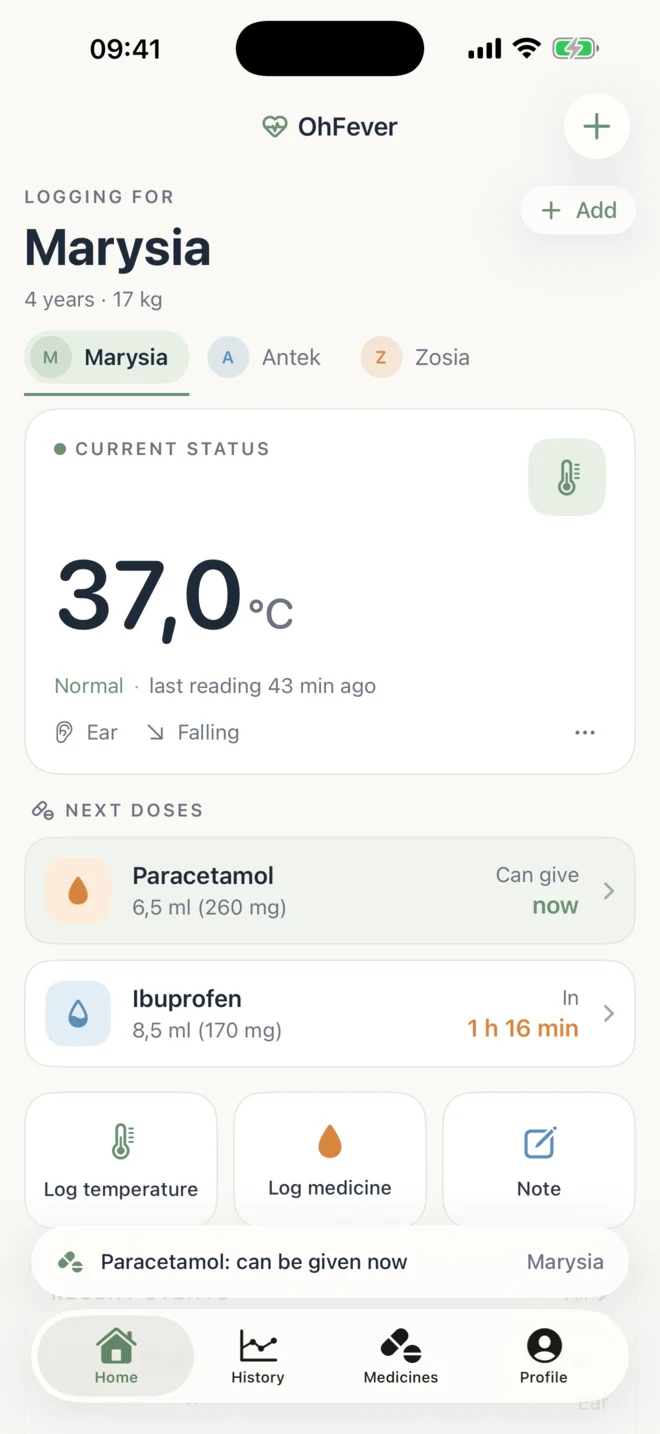 Oh Fever home screen showing 37.0 °C, status Normal, and next doses for paracetamol and ibuprofen