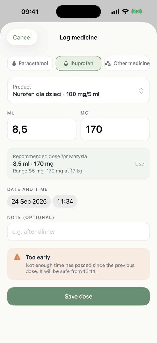 Logging an ibuprofen dose with a “too early” warning
