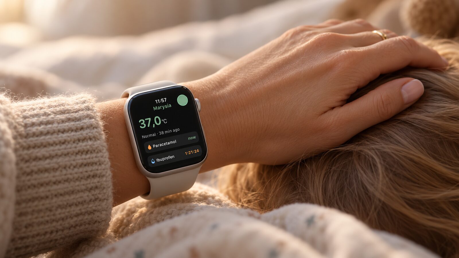 Parent wearing an Apple Watch with Oh Fever while comforting a sleeping child